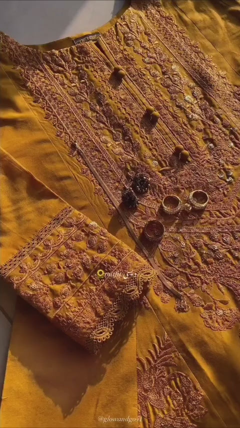 DARK YELLOW HEAVY EMBROIDERED 3PC SUIT