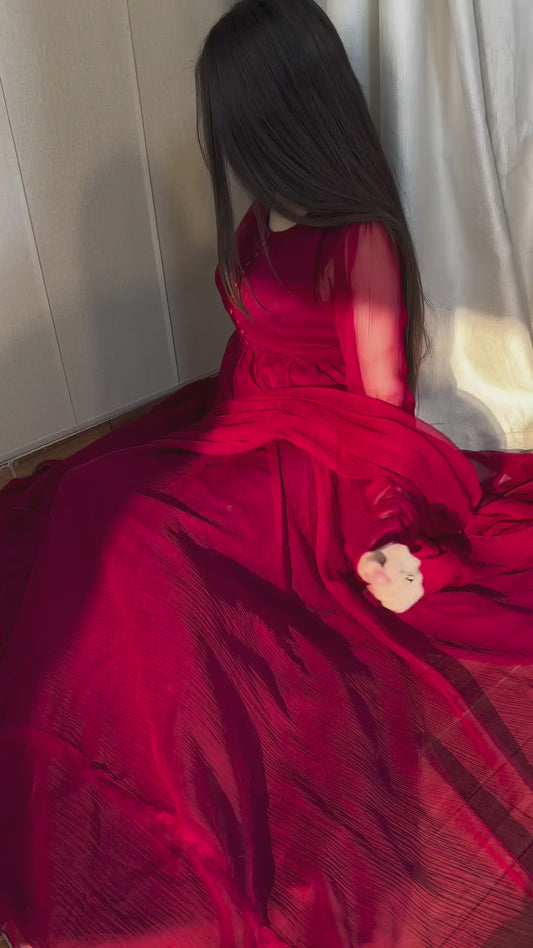 RED SHAFOON FROCK WITH DUPATTA AND TROUSER