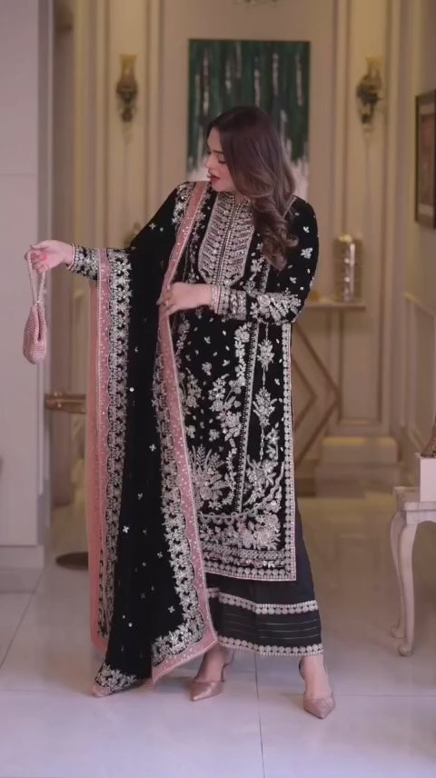 BLACK EMBROIDERED SUIT WITH BEAUTHIFUL EMBROIDERED SHAWL